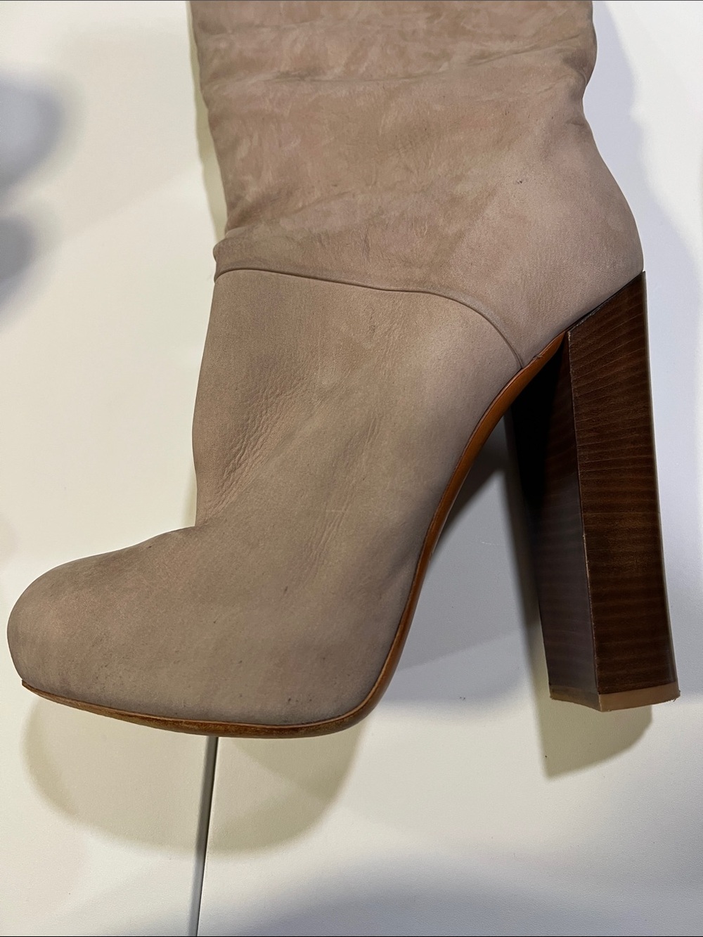 Brian Atwood - Taupe/Beige Suede High Shaft Platform Boots, Chunky, Heeled - Picture 11 of 12